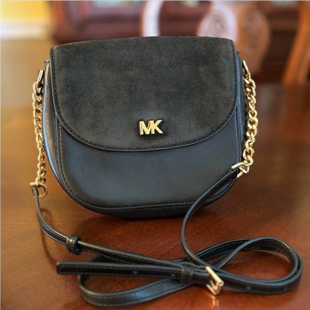 Michael Kors Black Leather/Suede Half Dome Crossbody with Gold Hardware
